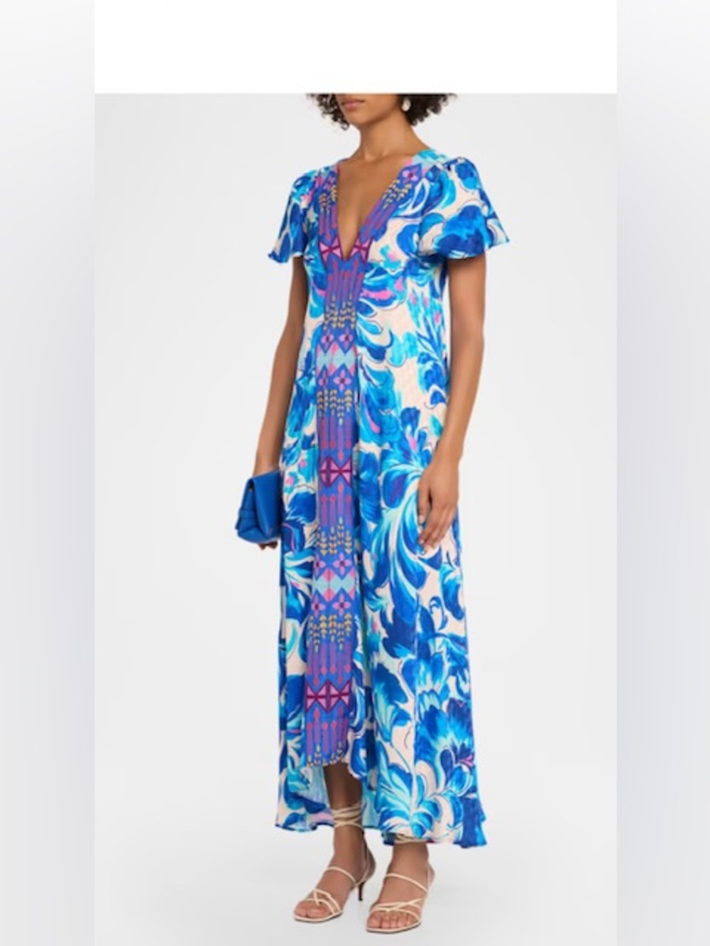 Johnny Was Blue/ White W/ PINK -BLUE EMBROIDERY. Maxi-ASYMMETRICAL Dress. S.NWT.